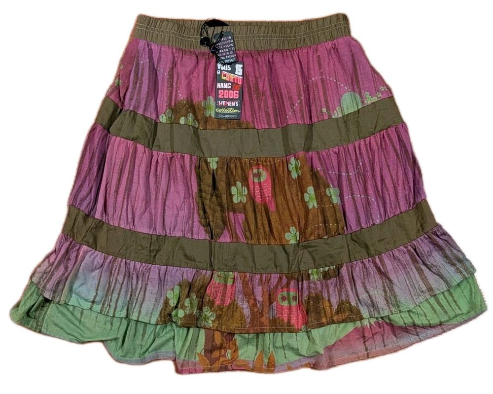 Custo Barcelona 2006 Y2K Tiered Skirt Womens 3 Boho Owl Print Elastic Waist NWT